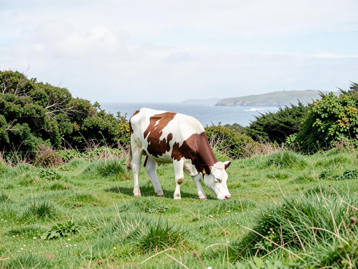 A Jersey cow grazing in a green field above the sea