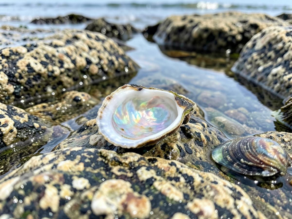 An ormer shell with iridescent interior in a Jersey rock pool